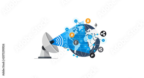 Photos A satellite dish transmits digital data signals to a global network illustration