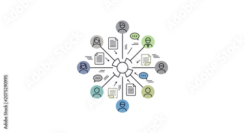 A circular diagram showing people connected to central data and communication icons