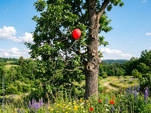 Red heart balloon floating near tall pine tree outdoors.