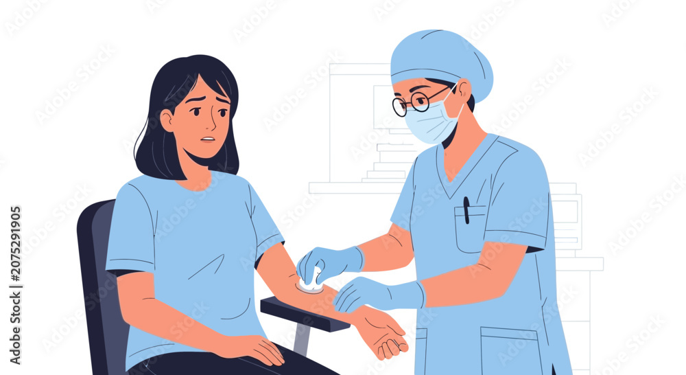 Fototapeta premium Healthcare Professional Administering Medical Treatment to Anxious Patient Illustration