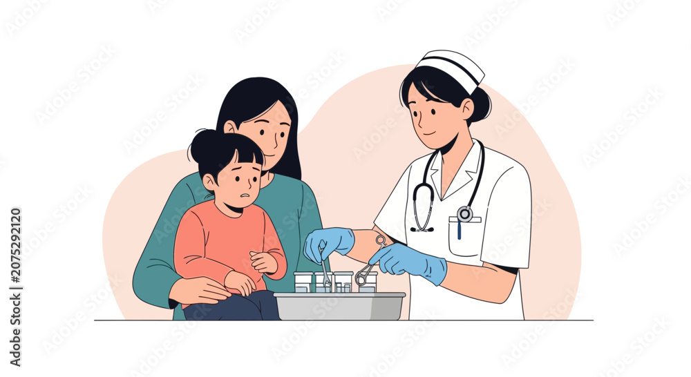 Fototapeta premium Nurse Caring for Child with Mother, Medical Examination, Healthcare Illustration
