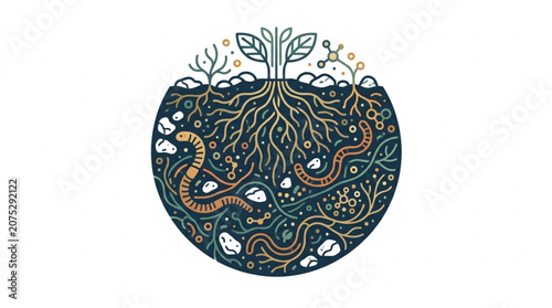 Bild auf Leinwand Illustration of healthy soil ecosystem with plant roots and earthworms