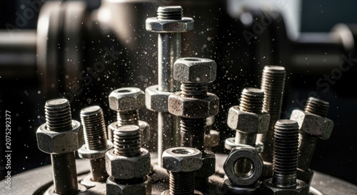 Close-up of Various Metal Bolts and Nuts in a Workshop Setting.