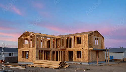House Construction – Wooden Frame at Sunset