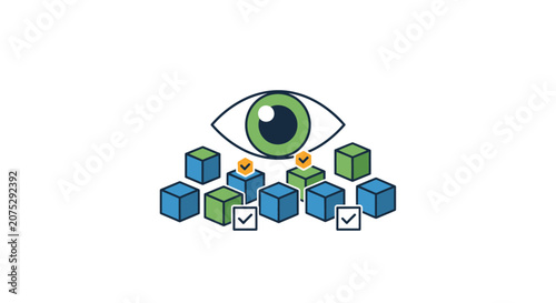 A stylized illustration of a large eye observing a collection of colorful cubes