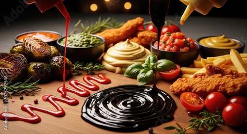 Delicious Gourmet Food Platter with Sauces and Fresh Ingredients.