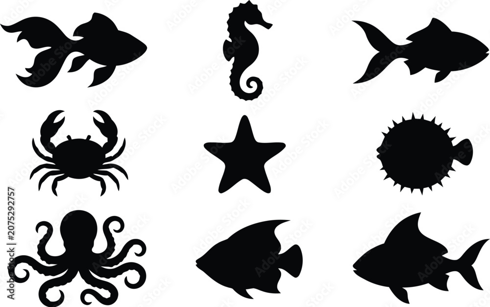 Fototapeta premium Marine life silhouettes Fish seahorse crab octopus and starfish shapes