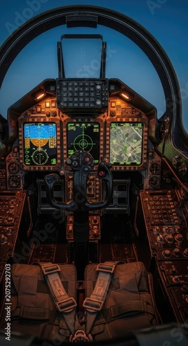 Detailed View Inside the Cockpit of a Fighter Jet at Dusk.