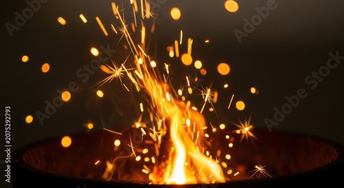 Fiery Sparks Erupting from a Burning Fire Pit in the Dark.