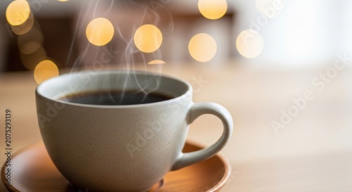 Steaming Cup of Coffee on Wooden Table with Bokeh Background.