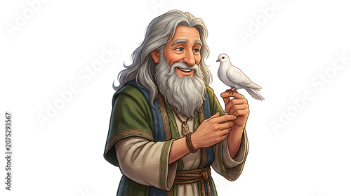 Friendly elderly man with a long beard holding a white dove, symbolizing wisdom, peace and kindness. Isolated character illustration.