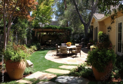 Picturesque backyard patio with a pergola, patio furniture, and lush landscaping