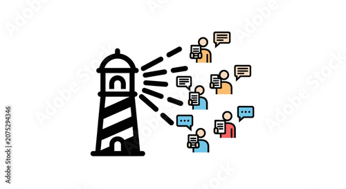 Fotografie A lighthouse icon broadcasting information to a group of diverse people