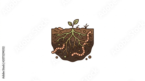 Foto Cross section of soil with plant roots and earthworms.