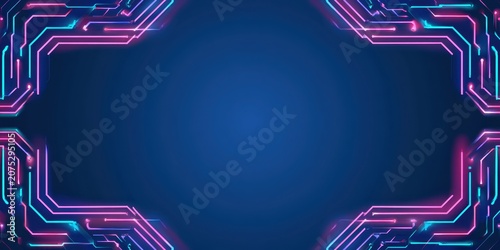 Neon circuit board frame on a dark blue background with central copy space. Futuristic cyberpunk digital technology art, gaming banner template, and high-tech electronic motherboard texture. Mock-up