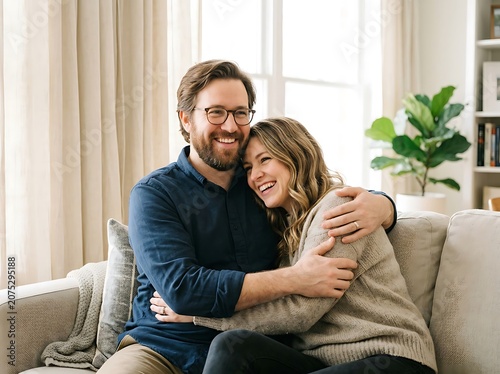 Happy couple embracing in cozy living room setting.