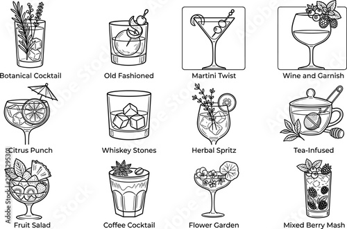 Professional collection of hand-drawn line art illustrations showcasing various cocktails, mixed drinks, refreshing beverages, and creative garnishes for modern bar menu design concepts.