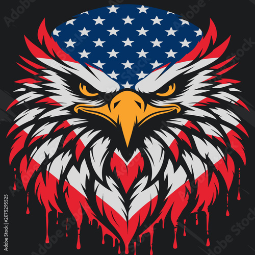 Eagle portrait features intense facial expressions combined with stylized American flag elements rendered in a bold graphic design suitable for nationalistic themes or high-impact patriotic branding.
