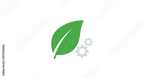 Принти на полотні A green leaf icon combined with mechanical gears on a clean white background