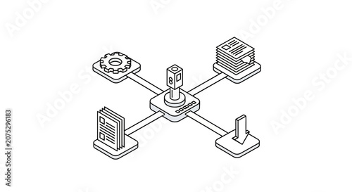An isometric diagram showing a central hub connected to four distinct data icons