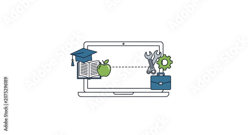 A digital laptop screen displaying various educational and professional icons
