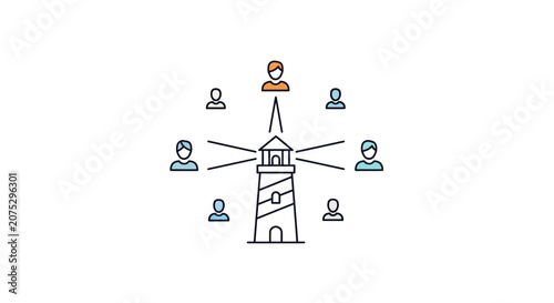 A lighthouse icon connecting to multiple people in a circular network diagram