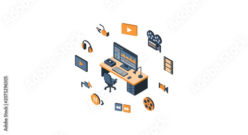 An isometric illustration of a digital video editing workspace with media icons