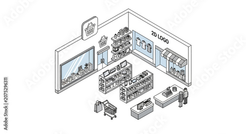 An isometric illustration of a modern retail store interior with customers shopping
