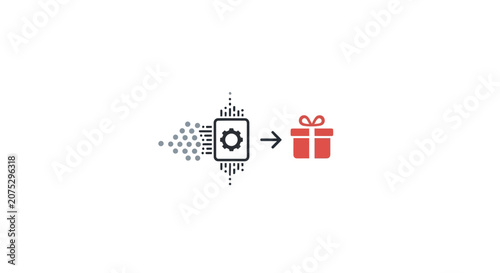 A digital icon showing data processing into a gift box symbol