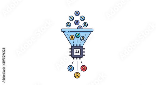 A digital illustration showing a funnel processing various user profile icons