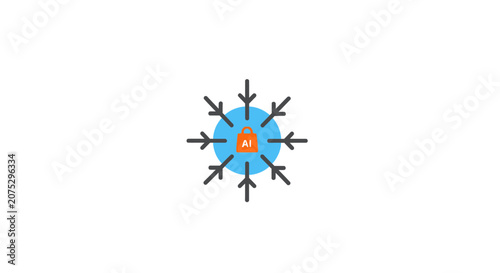 A minimalist graphic icon showing a shopping bag inside a stylized snowflake shape