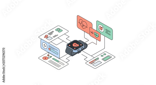 A digital smartwatch displays health data with connected interface panels