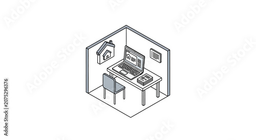 An isometric illustration of a modern home office setup with a computer desk