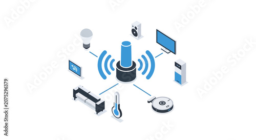 A central smart home hub connects various electronic devices in a network