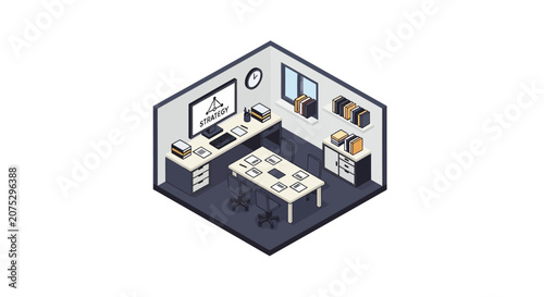 An isometric view of a modern professional office workspace with furniture and equipment