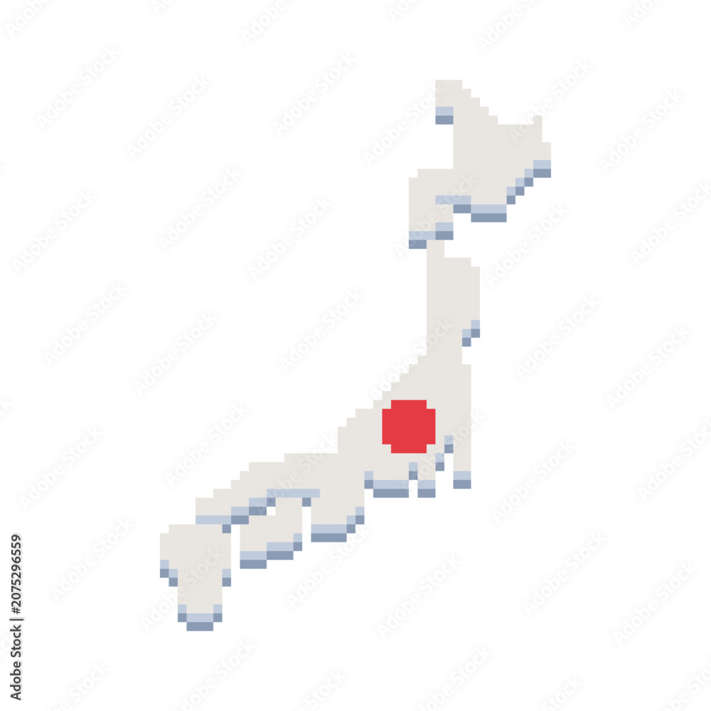 Obraz premium Pixel art map of Japan filled with the national flag colors. Retro 8-bit geographic icon, travel, geography, education, game assets, UI, infographics, and country-themed designs.