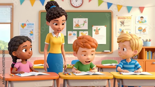 Enthusiastic Elementary Students in Classroom with Teacher Asking Questions Cartoon Style Happy Pupils in Yellow Toned