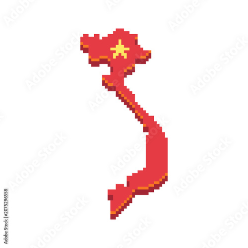 Pixel art map of Vietnam filled with the national flag colors. Retro 8-bit geographic icon, travel, geography, education, game assets, UI, infographics, and country-themed designs.