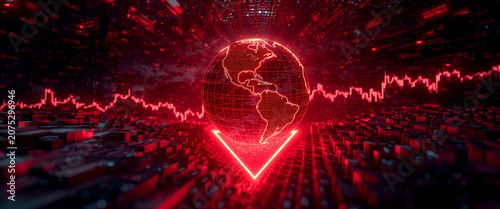 Global Financial Crisis Concept with Red Digital Earth and Market Volatility Visualization.