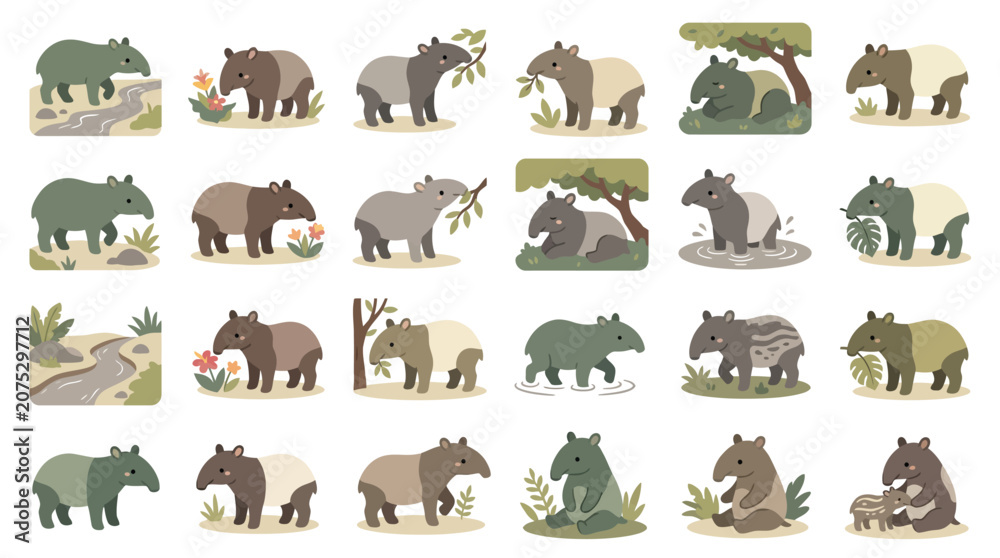 Fototapeta premium Collection of cute tapir illustrations in various poses and environments, showcasing their unique appearance and gentle nature.