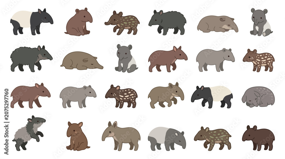 Obraz premium Collection of various tapir species and their young, illustrated in a simple cartoon style.
