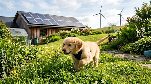 Golden Retriever Puppy in Eco Friendly Garden.