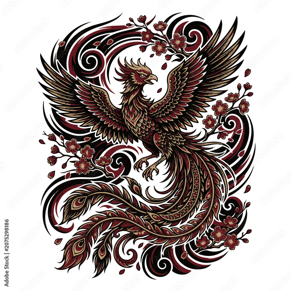 Fototapeta premium Phoenix Bird Japanese Tattoo Art with Cherry Blossoms and Ornate Swirls