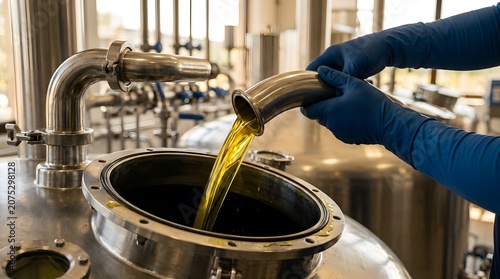 Gloved hands pouring yellow liquid into industrial pipe