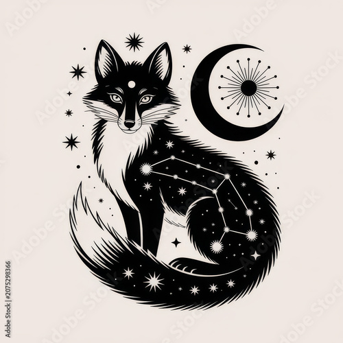 Celestial Fox Mythology Illustration Minimal Fantasy Japanese Animals｜神秘的な狐：星空の伝説