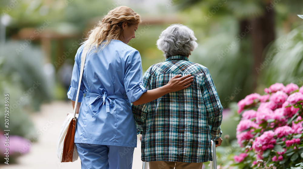 Naklejka premium Nurse gently supporting an elderly woman walking through a bright clean garden path soft greenery mobility support senior care rehabilitation outdoor assistance caregiving