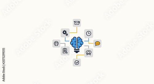 A central brain lightbulb icon connected to various business process symbols