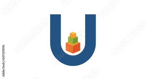 A blue letter shape surrounds a small stack of colorful geometric blocks