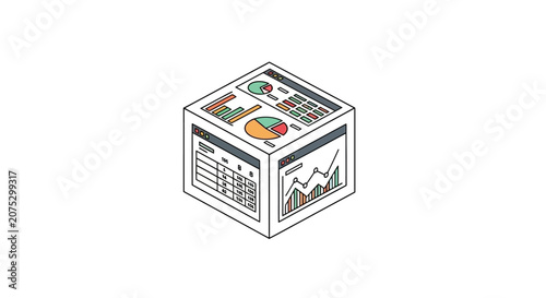 An isometric cube displaying various financial data charts and business analytics graphs