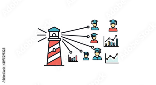 A lighthouse icon guiding students and data charts in a flat vector illustration style